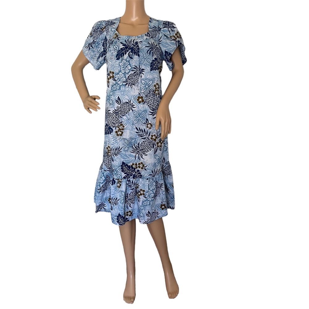 Island Aloha Wear Midi Floral Bleu Dress